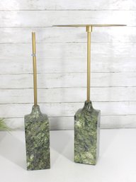 Pair Modern Brass & Green Stone Pedestal Side Tables  Adjustable Height  One Top Missing  23