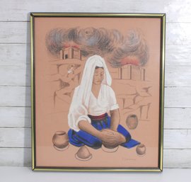 Signed Art Print By F. 2.amantes  Southwest Pottery Scene  Framed  25' X 21'