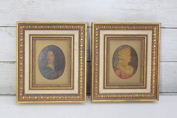 Pair Of Antique Framed Portrait Miniatures  Classical Gentleman & Lady Oval Prints, Ornate Gilt Frames, 7.5'