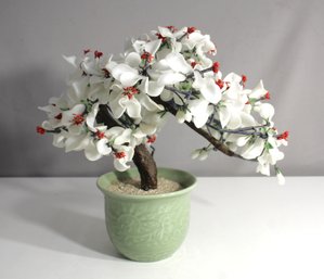 15' Faux Bonsai Flowering Tree In Celadon Green Ceramic Pot  Elegant Asian-Inspired Decor