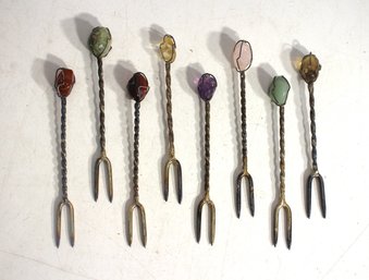 Set Of 8 Vintage Brass Cocktail Forks With Wire-Wrapped Gemstone Handles