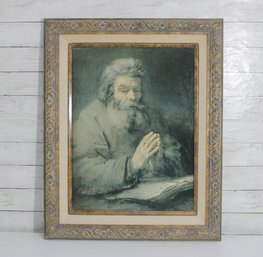 Large Framed Religious Art Print  Praying Bearded Man  Ornate Frame  31' X 25'