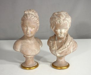 Pair Of 9' Vintage Classical Bust Sculptures  Signed Italian Plaster With Gilded Bases