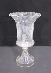 Antique Etched Glass Vase  Floral & Grape Motif, Flared Rim Pedestal Vase, 12.5' Tall