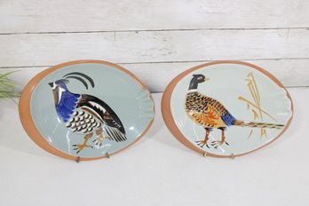 Pair Vintage Stangl Pottery Hand Painted Pheasant Ashtrays Trenton NJ Art Cigar 10.5' X 8'