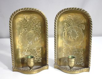 Pair Of Vintage Brass Wall Sconces With Floral Engraving  8.5'x 5.75'