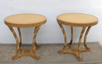 Pair Of Neoclassical Style Round Accent Tables  Carved Greek Key Edge, Decorative Pedestal Bases, 27'H X 28'