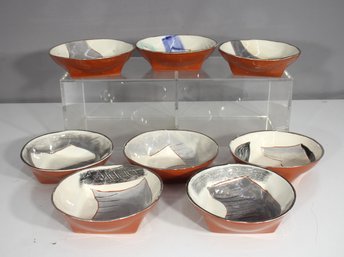 Set Of 8 Patrick Loughran Signed Ceramic Bowls  1984 Studio Pottery  Abstract Hand-Painted