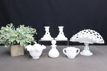 Vintage Milk Glass Group Lot: 3 Hobnail Vessels And Doric Lace Pedestal Fruit Bowl And 2 Candlestick Holders
