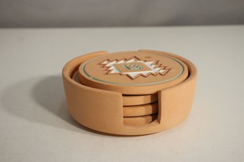 4' Round Southwest-Style Terracotta Coaster Set With Holder  Handcrafted