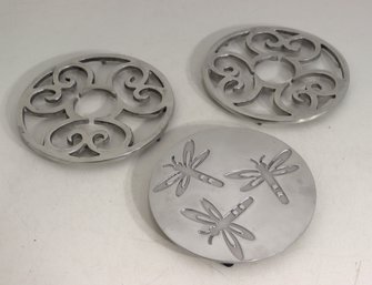 Set Of 3 Metal Trivets  Dragonfly & Scroll Designs  7' And 7.5' Round Kitchen Dcor