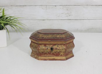 Antique Chinese Export Lacquer Tea Caddy Black & Gold Octagonal Box W/ Inner Lid 6.5'