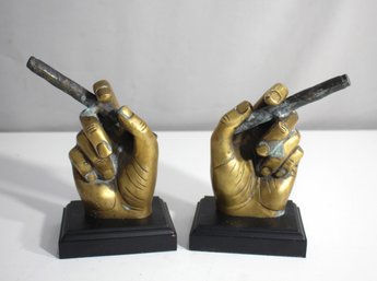 Bey-Berk Antique Brass Cigar In Hand Bookends On Black Wood Base  Unique Decorative Set