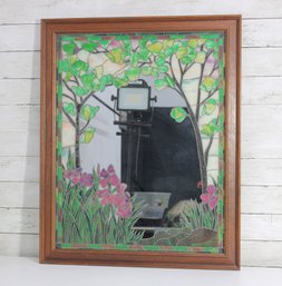 Decorative Framed Wall Mirror With Stained Glass Style Floral Border  31.5' X 25.5'