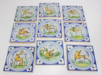 Set Of 9 Hand-Painted Ceramic Tiles 5.5' X 5.5'  Whimsical Animal Motif  Deruta / Spanish Faience Style