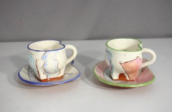 Vintage 1984 Patrick Loughran Art Pottery  Abstract Pastel Cup & Saucer Set (Pair)