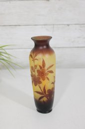 Signed Galle Cameo Glass Vase 7' Art Nouveau Floral Amber Brown Acid Etched