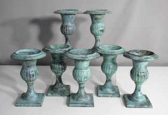 Set Of 7 Vintage 7' Tall Verdigris Finish Urn-Style Candle Holders  Classic Patina Decor