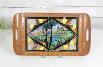 Vintage Rio De Janeiro Brazil Butterfly Wing Art Tray  Scenic Inlay Wood Serving Tray  16 X 9