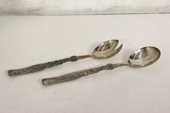 Silea France Silverplate Salad Serving Set  Textured Handles  2 Piece Spoon & Fork
