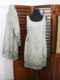 Womens Two-Piece Dress & Sheer Jacket Set  White With Floral Detail  Size S/L