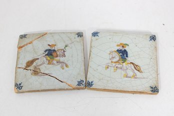 Pair Of Hand-Painted Ceramic Tiles 5.5' X 5.5'  Horse & Rider Motif  Crackle Glaze  Spanish / Deruta Style