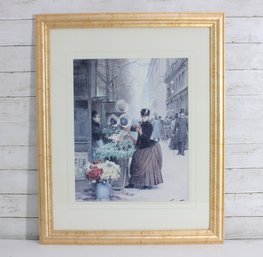 Framed Parisian Street Scene Art Print  Flower Market  Gold Frame  31.5' X 25.5'