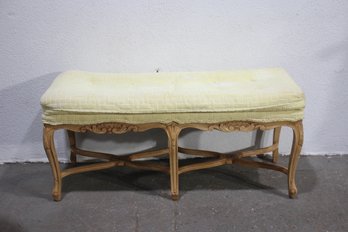 Vintage French Provincial Carved Wood Bench With Upholstered Seat