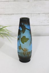 Gall Style Cameo Glass Vase 8' Blue Frosted Floral Art Nouveau Acid Etched