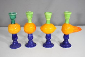 Set Of 4 Signed Artisan Handmade Majolica Pedestal Candle Holders  Fruit Motif  8.5' Tall