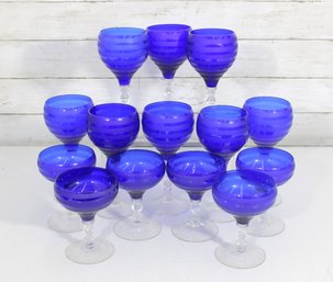 Set Of 14 Cobalt Blue Stemware Glasses  Mixed Sizes 5.5 & 9  Vintage Barware