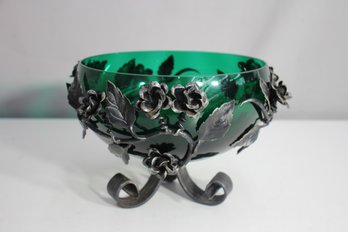 Green Glass Bowl With Metal Floral Stand  6.5'x 9'
