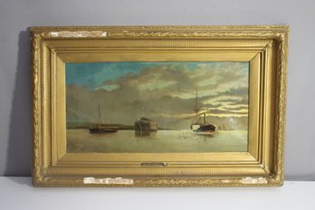Antique Maritime Oil Painting On Canvas  20.5H X 32.5W, Signed G.B. Loma, Ornate Gilt Frame