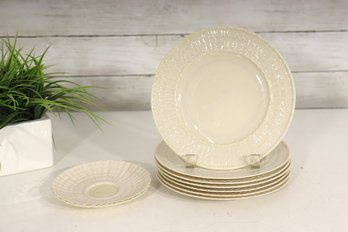 Set Of 7 Vintage Wedgwood Creamware Plates  Basket Weave Edge  5.5' & 8' Round  Made In England