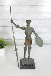 Bronze Don Quixote Style Figurative Sculpture On Marble Base  Armored Knight With Lance & Shield, 19.5' Tall