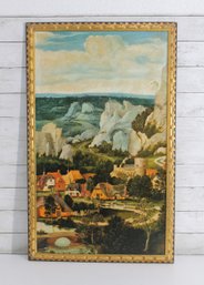 Framed European Landscape Art Print  Cliffside Village Scene  Ornate Gold Frame  33.5' X 20.5'