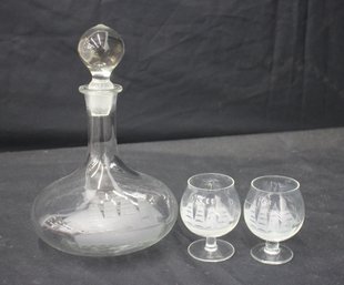 Vintage Etched Glass Decanter Set With Sailing Ship Motif  Includes 2 Glasses