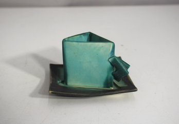Signed Modernist Ceramic Cup & Saucer Set  Sculptural Triangular Form  Studio Pottery