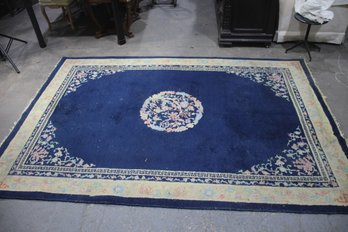 Vintage Chinese Handwoven Wool Rug - Deep Blue Floral Medallion Design