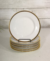 Set Of 6 10 Strawberry Street Porcelain Plates  White With Gold Trim  6' Round