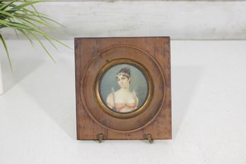 Antique Signed Miniature Portrait Painting Lady In Empire Dress 4'x4' Wood Frame