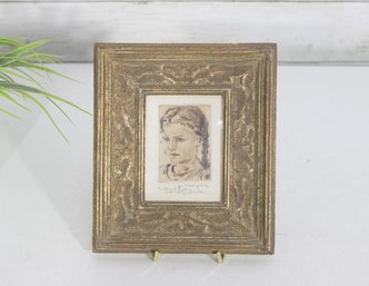 Framed Portrait Sketch Of Young Girl  Signed Figure Study In Ornate Gilt Frame, 7.5' X 6.5'