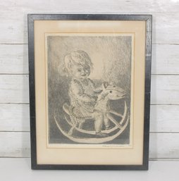 Vintage 1959 Etching Child On Rocking Horse Signed M. Schiptz  Framed  17' X 13'