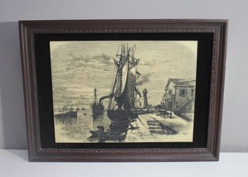 Framed Maritime Etching  18H X 24W, Signed Ome  Vintage Nautical Scene