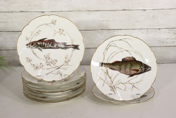 Set Of 10 Vintage Hand-Painted Fish Plates  9' Round  Gold Trim  Two With Small Chips
