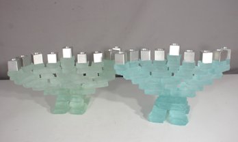 Pair Of Frosted Glass Menorahs  Blue & Green Tint  Modern Judaica Art