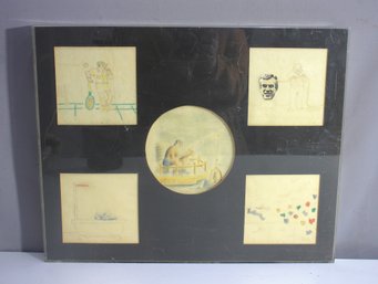 Vintage 16H X 20W Multi-Panel Illustration Collage  Framed Mixed Media Art