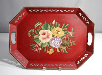 Vintage Red Toleware Hand-Painted Floral Metal Tray With Cutout Handles -18'x 13'