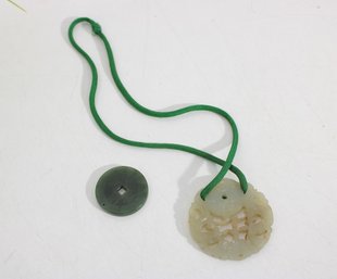 Chinese Jade Pendant Necklace & Green Jade Bi Disc Coin Amulet Set