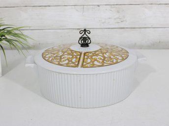 Vintage Georges Briard Covered Baking Dish 9.5' Round Gold Scroll MCM Oven Serve